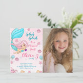 ピンクのマーメイド誕生日招待状と写真 招待状 (スタンド正面)