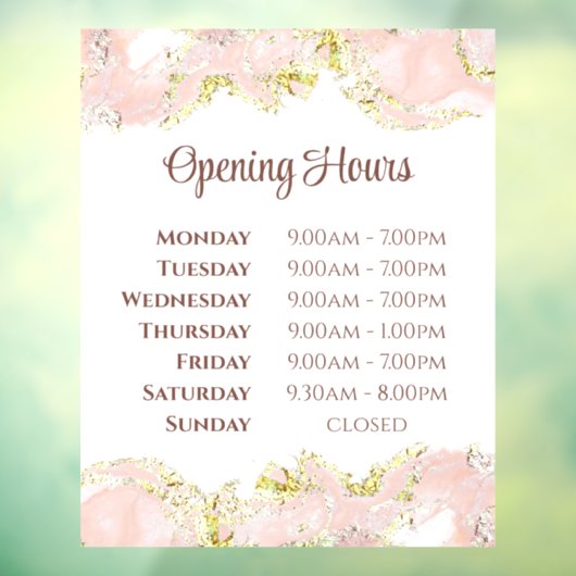 ピンクのマーリングデザインの開店時間のウィンドウが固定 ウィンドウサイン (シート3)