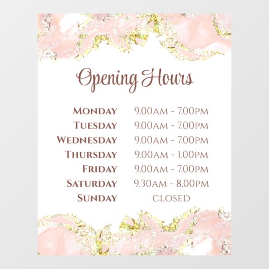 ピンクのマーリングデザインの開店時間のウィンドウが固定 ウィンドウサイン (シート)