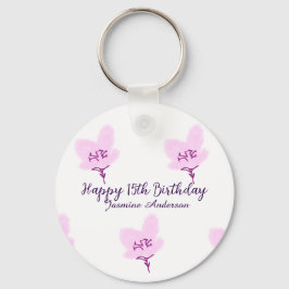 ピンクのマーヴの花の15歳の誕生日+クィンセañera+名前d キーホルダー