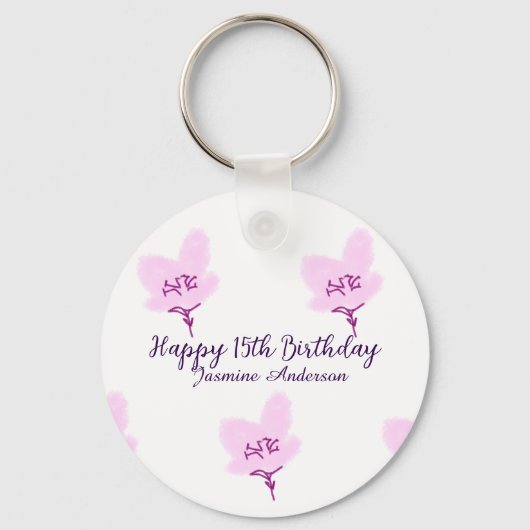 ピンクのマーヴの花の15歳の誕生日+クィンセañera+名前d キーホルダー (正面)