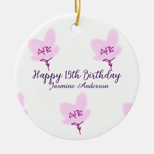 ピンクのマーヴの花の15歳の誕生日+クィンセañera+名前d セラミックオーナメント (正面)