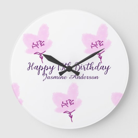 ピンクのマーヴの花の15歳の誕生日+クィンセañera+名前d ラージ壁時計 (正面)