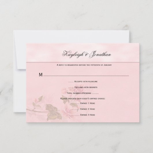 ピンクのミズキは花柄RSVP開きます 出欠カード (正面)