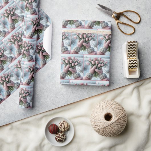 ピンクのミッテンス保持チューリップブーケ ラッピングペーパー (クラフト)