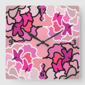 ピンクのミッドセンチュリー幾何学模様アートに スクエア壁時計 (正面)