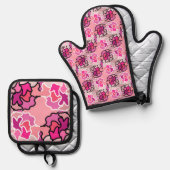 ピンクのミッドセンチュリー幾何学模様アートに 鍋つかみ&鍋敷きセット (正面/裏面)