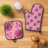 ピンクのミッドセンチュリー幾何学模様アートに 鍋つかみ&鍋敷きセット (トップダウン)