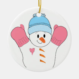 ピンクのミトンをした幸せそうな雪だるま セラミックオーナメント