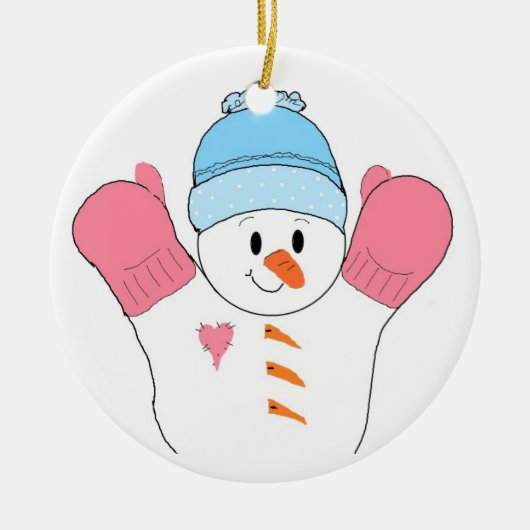 ピンクのミトンをした幸せそうな雪だるま セラミックオーナメント (正面)