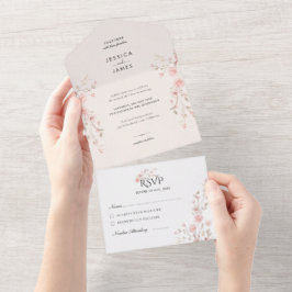 ピンクのミニマリストフラワーの結婚式 オールインワン招待状