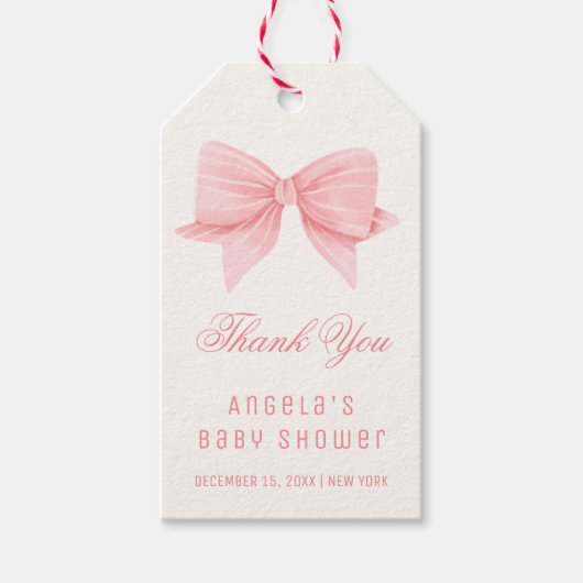ピンクのミニマリストボウタイベビーシャワーありがとう ギフトタグ (正面)