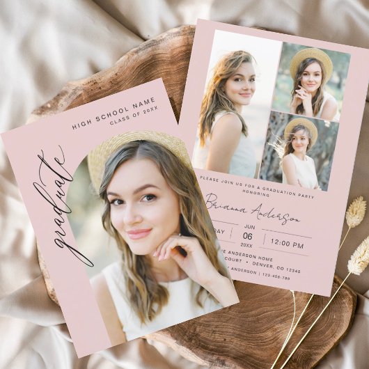 ピンクのミニマルなアーチフォト卒業パーティー 招待状