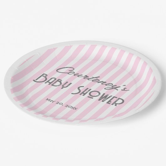ピンクのミニマルストライプの主義ベビーシャワー ペーパープレート (アングル)