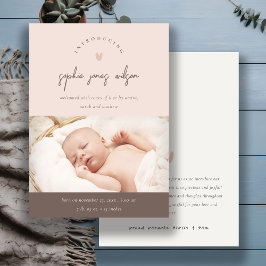 ピンクのミニマルハートスクリプト写真の誕生のお知らせ サンキューカード