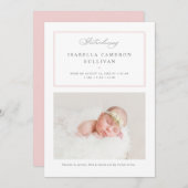 ピンクのミニマル縁どリストの写真ベビー誕生 案内状 (正面/裏面)