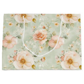ピンクのミントとバラの花のブライダルシャワー ラージペーパーバッグ (正面)