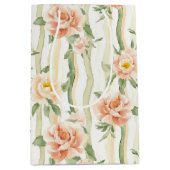 ピンクのミントとバラの花柄 ストライプの結婚前お祝いパーティー ミディアムペーパーバッグ (正面)