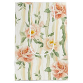 ピンクのミントとバラの花柄 ストライプの結婚前お祝いパーティー ミディアムペーパーバッグ (裏面)