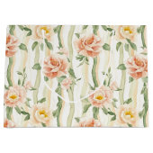 ピンクのミントとバラの花柄 ストライプ 誕生日 ラージペーパーバッグ (正面)