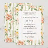 ピンクのミントとバラの花柄 ストライプ 誕生日 招待状 (正面/裏面)