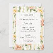 ピンクのミントとバラの花柄 ストライプ 誕生日 招待状 (正面)