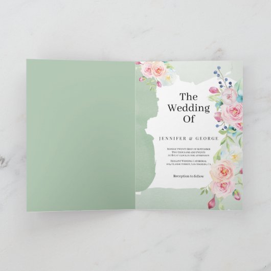 ピンクのミントグリーンフローラヴィンテージスタイル結婚写真 招待状 (内部)