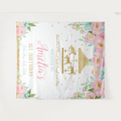 ピンクのミントフラワーカルーセル1歳誕生日ウェルカム タペストリー (正面(横))