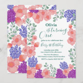 ピンクのミント花水彩植物性ベビーシャワー 招待状 (正面/裏面)