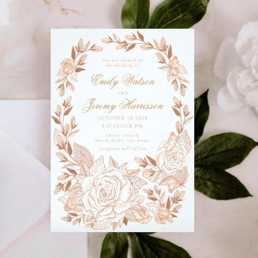 ピンクのムスクローズクラウン ヴィンテージ結婚式招待状 招待状