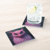 ピンクのムロック/フクロウハイブリッド生物 ガラスコースター (アングル)