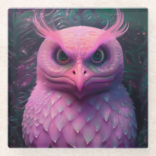 ピンクのムロック/フクロウハイブリッド生物 ガラスコースター (正面)
