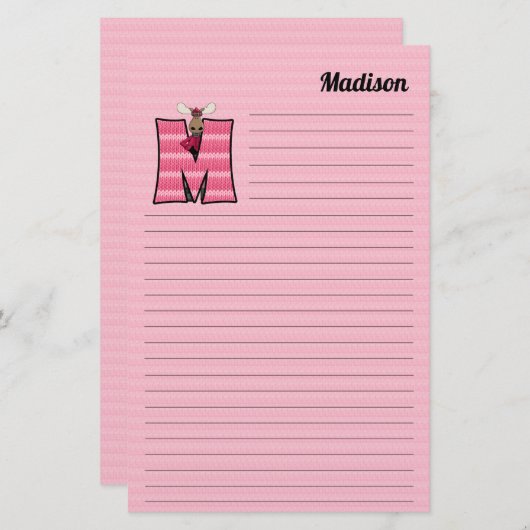 ピンクのムース文字Mと名前 便箋 (正面/裏面)