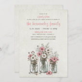 ピンクのメイスンジャーの花ベビーシャワー 招待状 (正面/裏面)