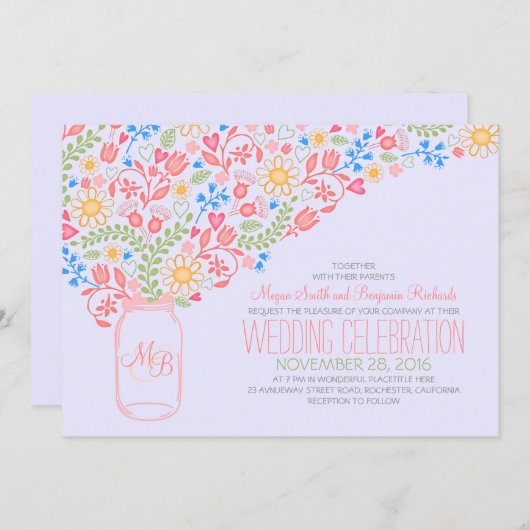 ピンクのメイスンジャークリエイティブの花結婚式招待状 招待状 (正面/裏面)