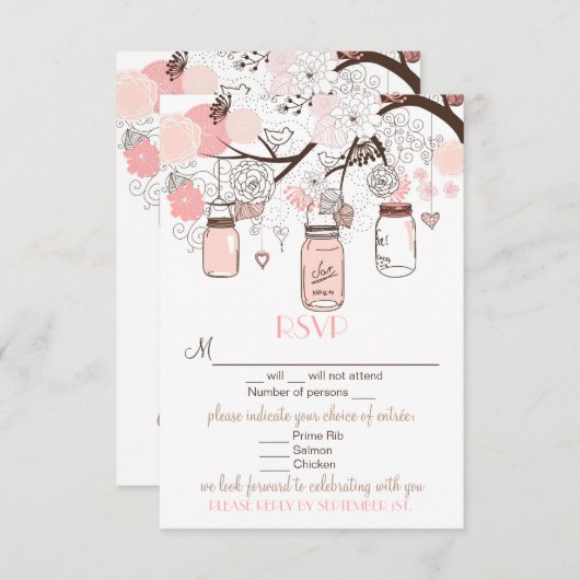 ピンクのメイソンジャーとラブバードの出欠確認 ウェディングカード 出欠カード (正面/裏面)