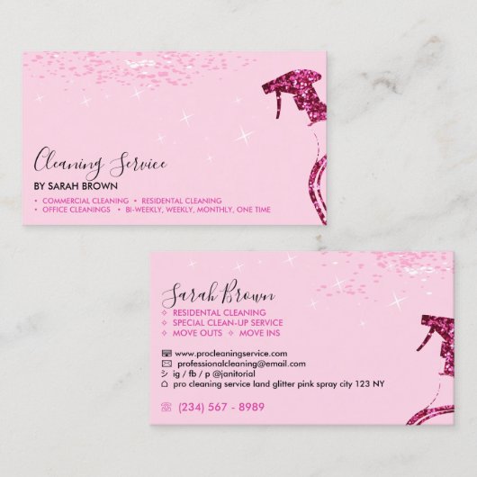 ピンクのメイドクリーニングスプレースプレー清掃ユニット 名刺 (正面/裏面)