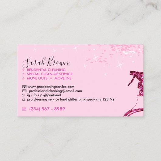 ピンクのメイドクリーニングスプレースプレー清掃ユニット 名刺 (裏面)