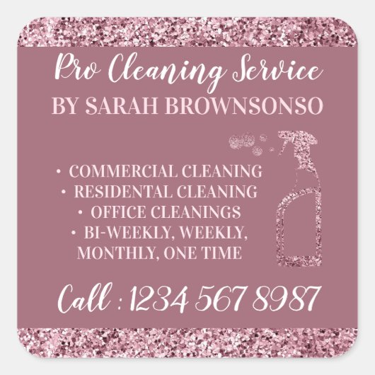ピンクのメイドジャニクルージョナル輝くグリッター清掃 スクエアシール (正面)