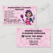 ピンクのメイド清掃員の女性ハウス清掃サービス 名刺 (正面/裏面)