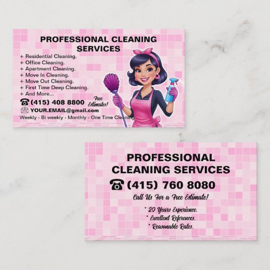 ピンクのメイド清掃員の女性ハウス清掃サービス 名刺 (正面/裏面)