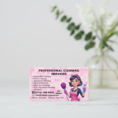 ピンクのメイド清掃員の女性ハウス清掃サービス 名刺 (スタンド正面)