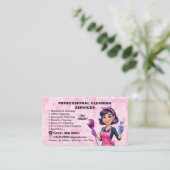 ピンクのメイド清掃員の女性ハウス清掃サービス 名刺 (スタンド正面)