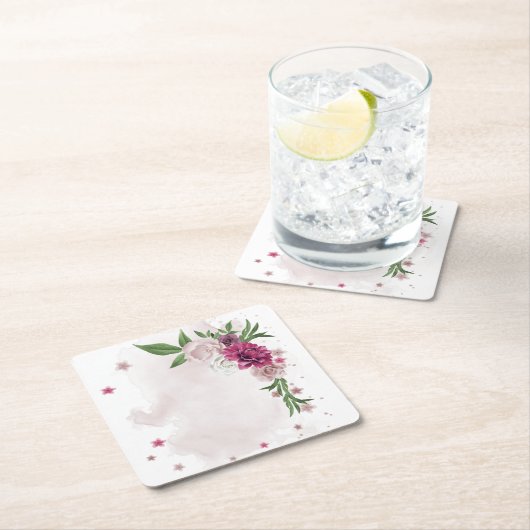 ピンクのメイブの白い花の植物広場 スクエアペーパーコースター (インサイチュ)