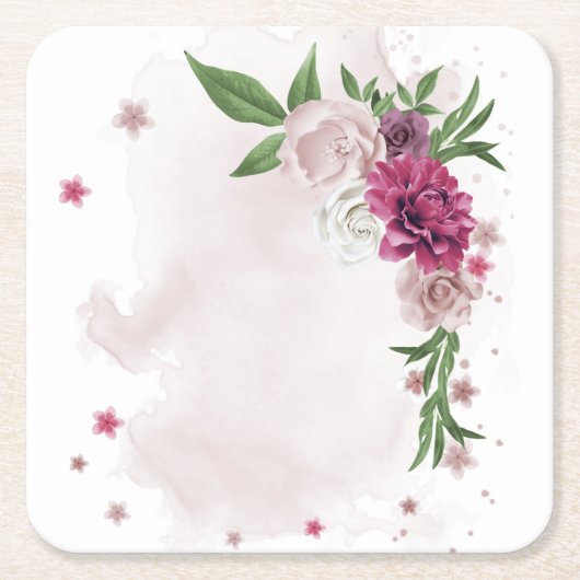 ピンクのメイブの白い花の植物広場 スクエアペーパーコースター (正面)