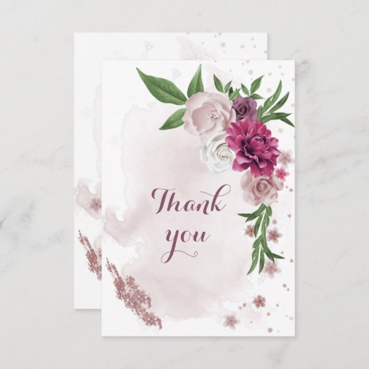 ピンクのメイブの花が緑 サンキューカード (正面/裏面)