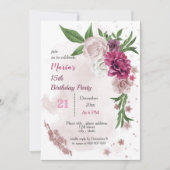 ピンクのメイブの花と緑の葉誕生日 招待状 (正面)