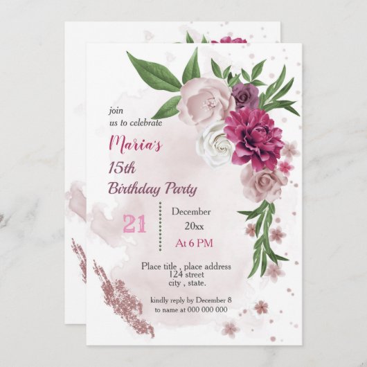 ピンクのメイブの花と緑の葉誕生日 招待状 (正面/裏面)