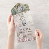 ピンクのメイブ桜さくらんぼ花咲き写真QRコード オールインワン招待状 (貼ってはがせる)