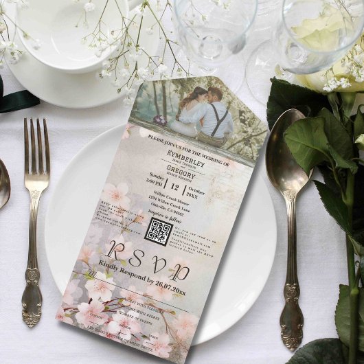 ピンクのメイブ桜さくらんぼ花咲き写真QRコード オールインワン招待状